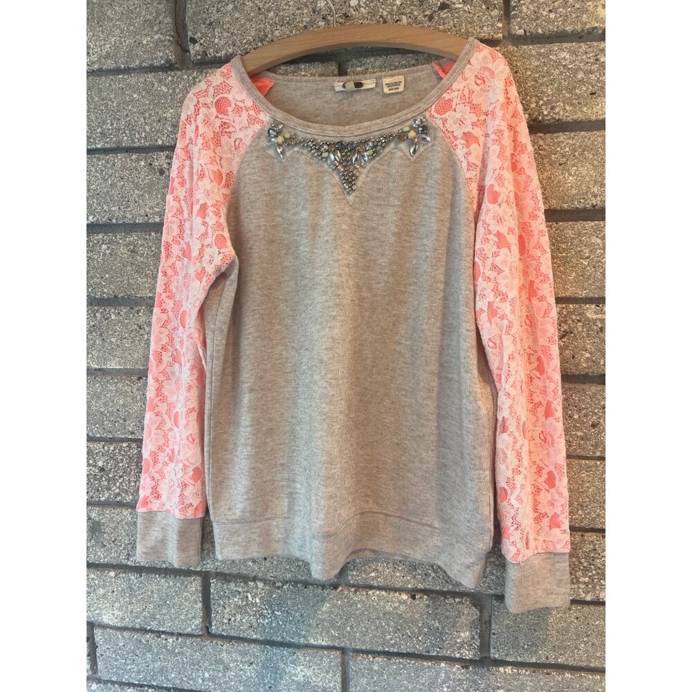 Miss Me Womens Gray Sweater With Pink Lace Sleeves & Crystal Embellished Necklin